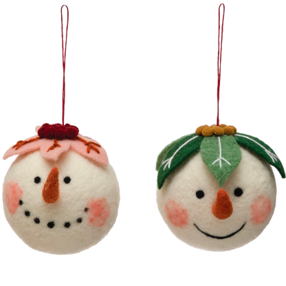 5-1/2" Round Wool Felt Snowman Head Ball Ornament with Flower