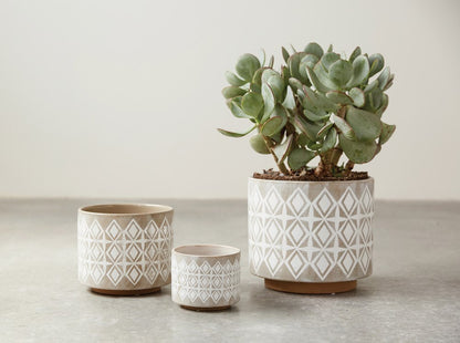 Grey Stoneware Planter with White Starburst Pattern