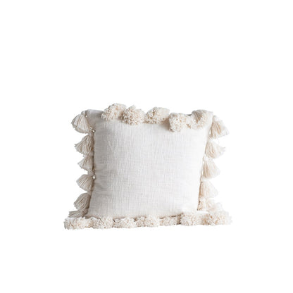 Cream Square Cotton Throw Pillow with Tassels