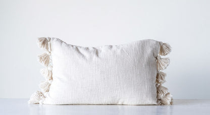 Cream Lumbar Cotton Woven Slub Pillow with Tassels