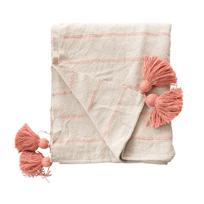 Woven Recycled Cotton Throw with Stripes & Tassels - Pink
