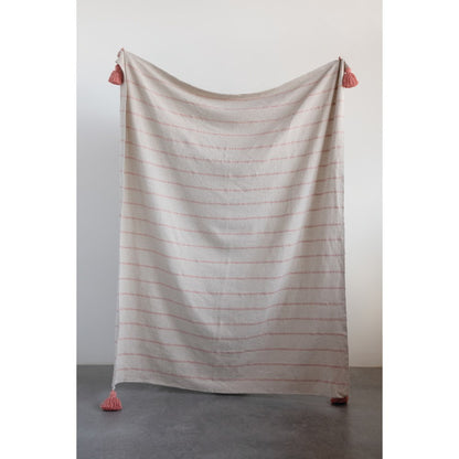 Woven Recycled Cotton Throw with Stripes & Tassels - Pink