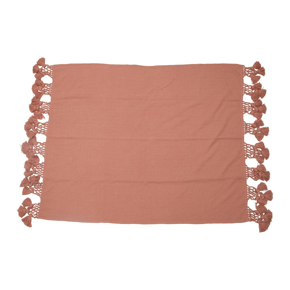 Cotton Throw with Crochet & Tassels - Coral
