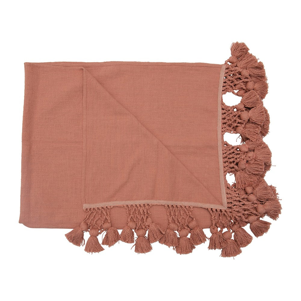 Cotton Throw with Crochet & Tassels - Coral
