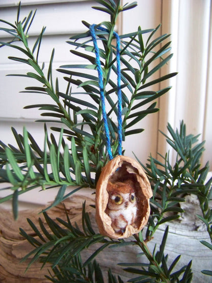 Needle Felted Grey Phase Eastern Screech Owl in Walnut Heirloom Ornament
