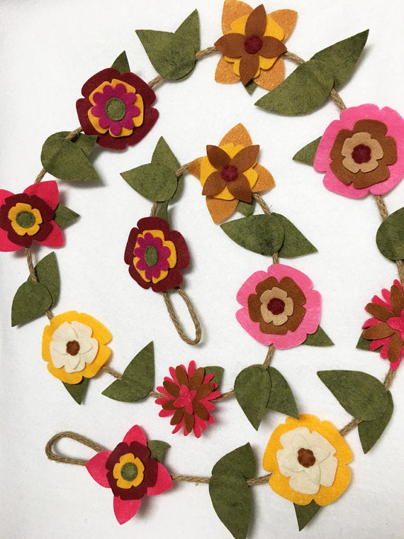 Felt Flower Garland, Autumn Bloom with Rustic Twine // By Red Marionette