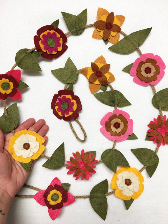 Felt Flower Garland, Autumn Bloom with Rustic Twine // By Red Marionette