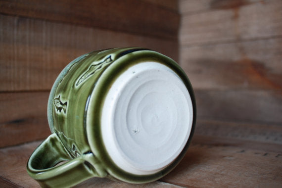 Speckled White/Crisp Olive Green Stamped Fish Mug