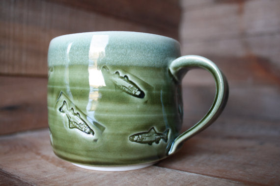 Speckled White/Crisp Olive Green Stamped Fish Mug