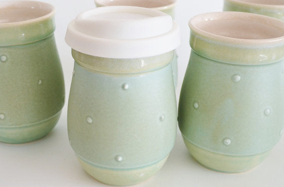 Ceramic Travel Mug with Lid- Turquoise Dots- 16oz