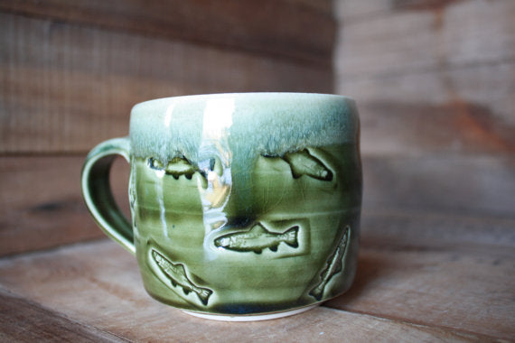 Speckled White/Crisp Olive Green Stamped Fish Mug