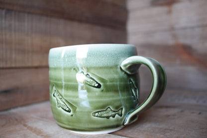 Speckled White/Crisp Olive Green Stamped Fish Mug