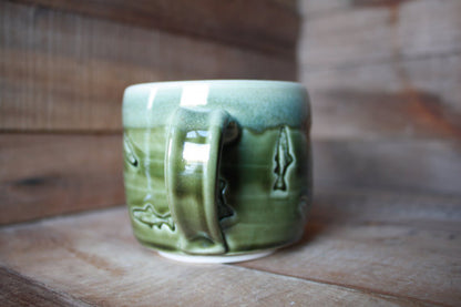 Speckled White/Crisp Olive Green Stamped Fish Mug