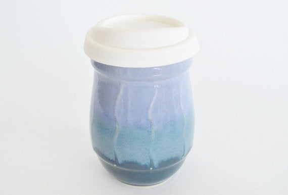 Ceramic Travel Mug with Lid- Tri-Color: Blues- 16oz