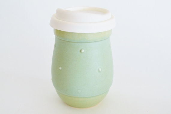 Ceramic Travel Mug with Lid- Turquoise Dots- 16oz