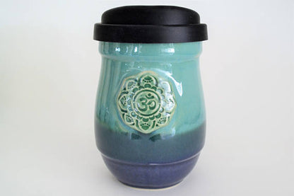 Ceramic Travel Mug with Lid- Tri Color Blue and Green with OM Symbol- 16oz