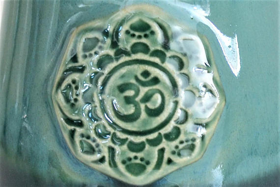 Ceramic Travel Mug with Lid- Tri Color Blue and Green with OM Symbol- 16oz