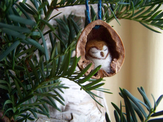 Needle Felted Barn Owl in Walnut Heirloom Ornament