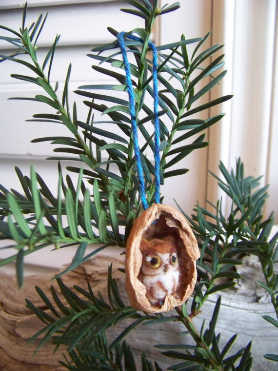 Needle Felted Grey Phase Eastern Screech Owl in Walnut Heirloom Ornament