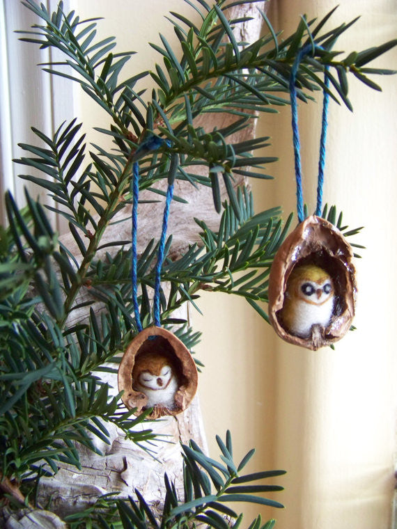Needle Felted Barn Owl in Walnut Heirloom Ornament