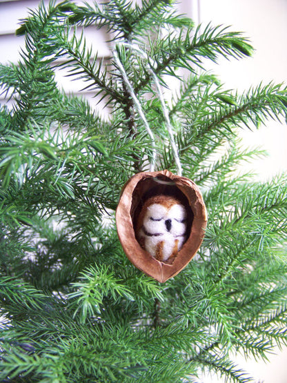 Needle Felted Saw Whet Owl in Walnut Heirloom Ornament