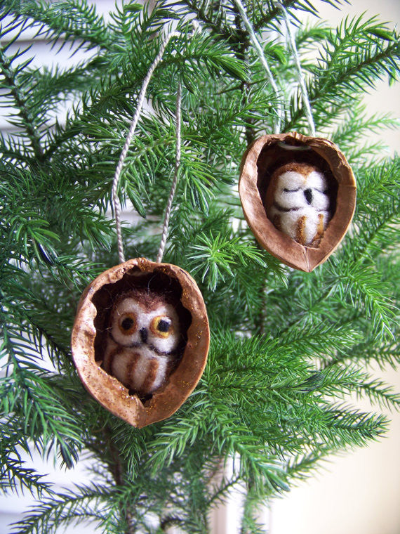 Needle Felted Saw Whet Owl in Walnut Heirloom Ornament