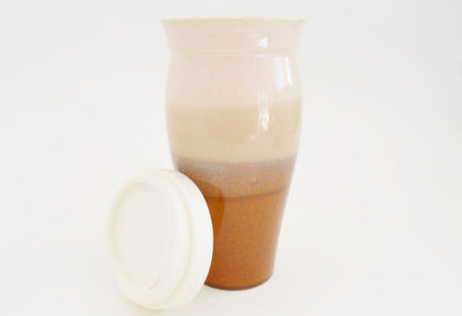 Ceramic Travel Mug with Lid- Tri-Color Cream, Tan and Brown