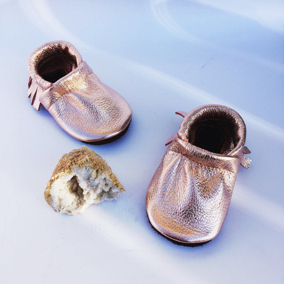 Rose Gold Moccs Fringe Soft Soled Leather Moccasins Shoes Baby and Toddler