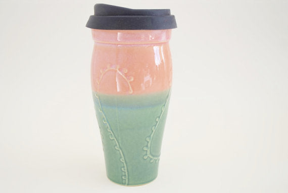Ceramic Travel Mug with Lid- Pink and Green with Vine Design