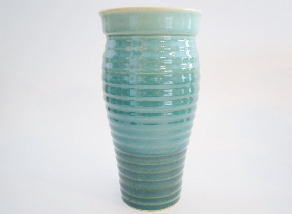 Ceramic Travel Mug with Lid - Two Tone Green Ribbed