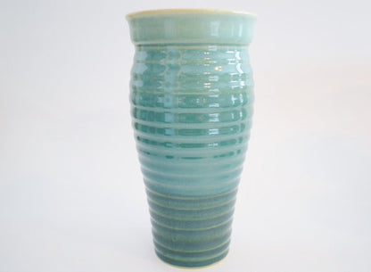 Ceramic Travel Mug with Lid - Two Tone Green Ribbed