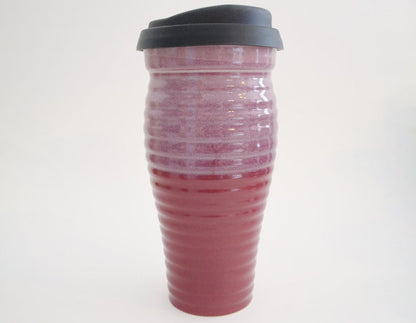 Ceramic Travel Mug with Lid - Pink and Mauve Ribbed