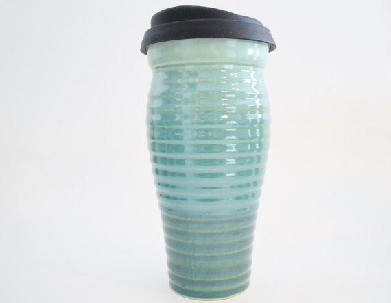 Ceramic Travel Mug with Lid - Two Tone Green Ribbed