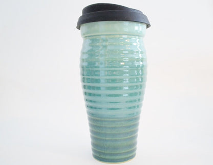 Ceramic Travel Mug with Lid - Two Tone Green Ribbed