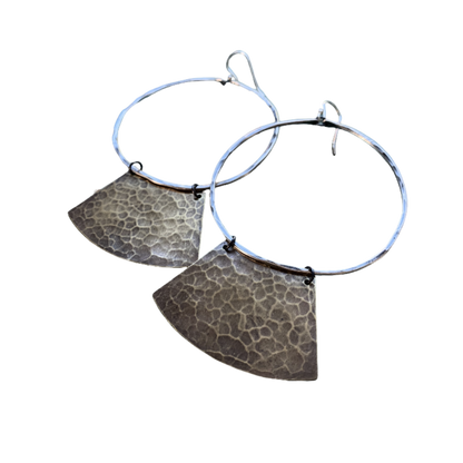 "Keyhole" Mezzaluna Earrings - Silver Hoop w/ Hammered Brass Blade
