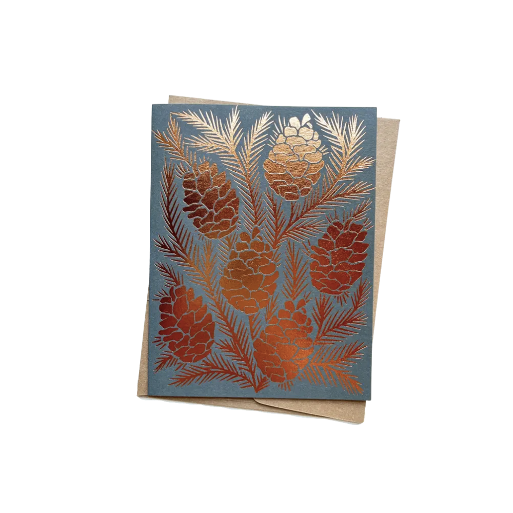 Foil Pinecones Block Printed Cards