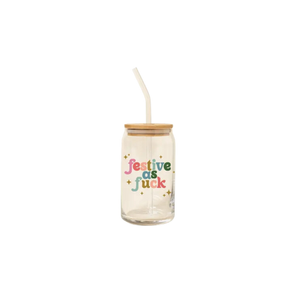 Holiday Can Glass w/ lid and straw
