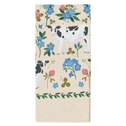 Milk Cows Folk Floral Tea Towel