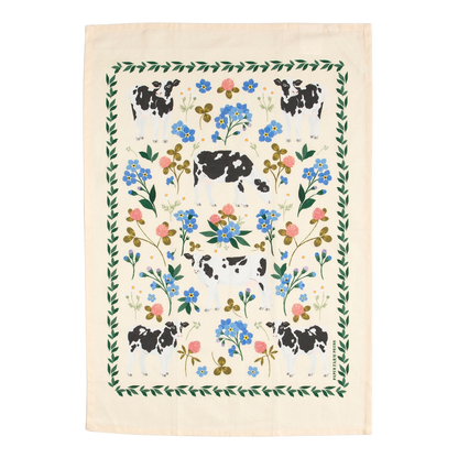 Milk Cows Folk Floral Tea Towel