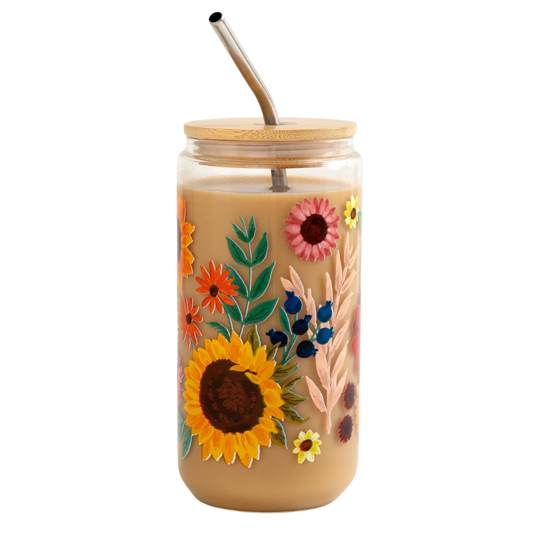 Fall Flowers Glass Can