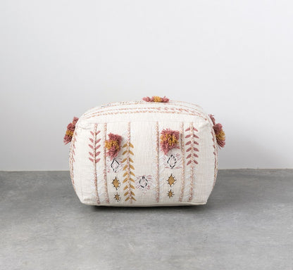 Cream Gold and Pink Square Cotton Embroidered Pouf with Applique & Fringe