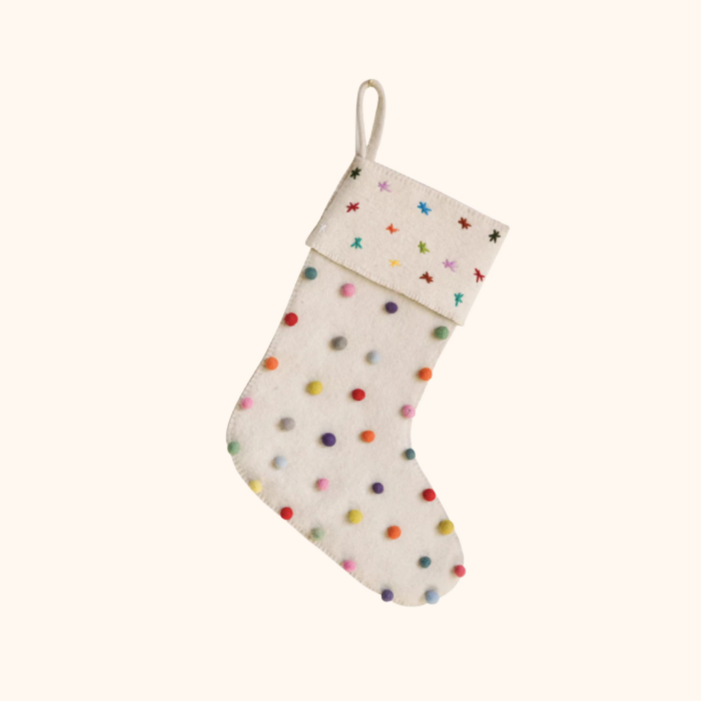 Cream Wool Felt Stocking with Colorful Pom Poms