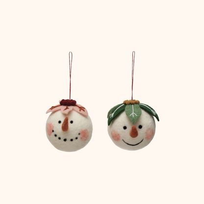 5-1/2" Round Wool Felt Snowman Head Ball Ornament with Flower