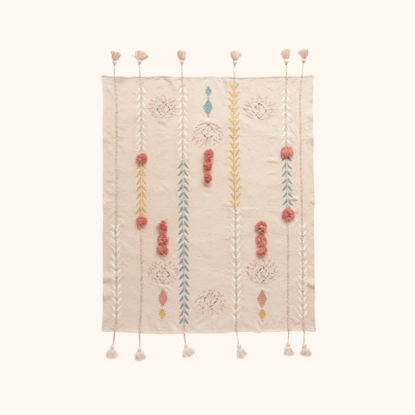 60"L x 50"W Cotton Embroidered Throw w/ Tassels & Applique