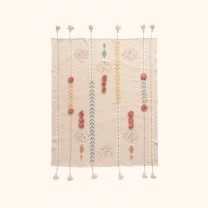 60"L x 50"W Cotton Embroidered Throw w/ Tassels & Applique