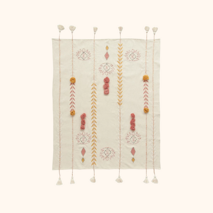 60"L x 50"W Cotton Embroidered Throw w/ Tassels & Applique