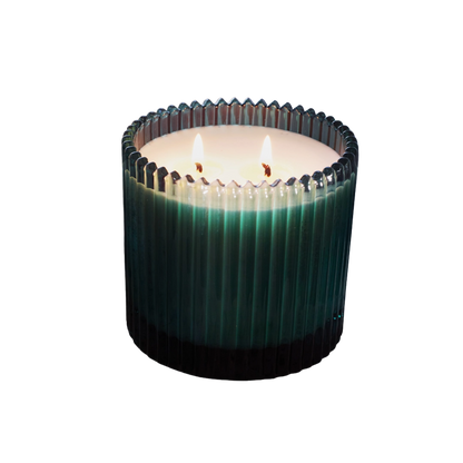 Roland Pine 14 oz Forest Green Two-Wick Ribbed Glass Candle