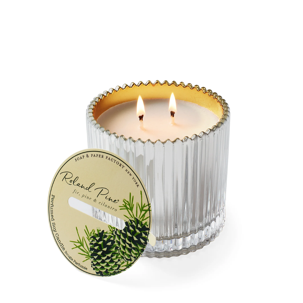 Roland Pine 14 oz Silver & Gold Two-Wick Ribbed Glass Candle