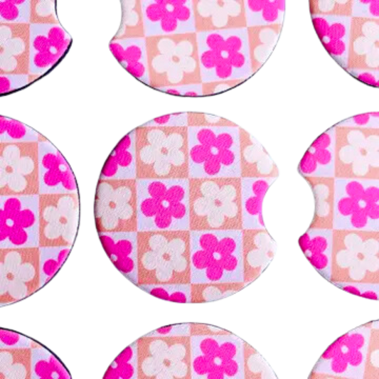 2 Car Coasters, Pink and Orange Checkered Daisy Design