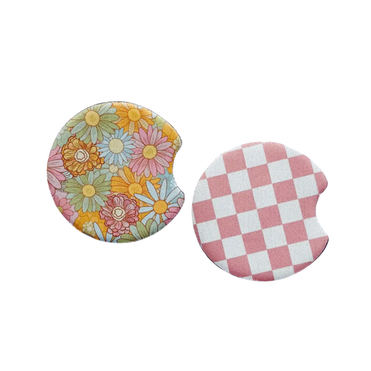 2 Car Coasters, Retro Floral and Pink Check